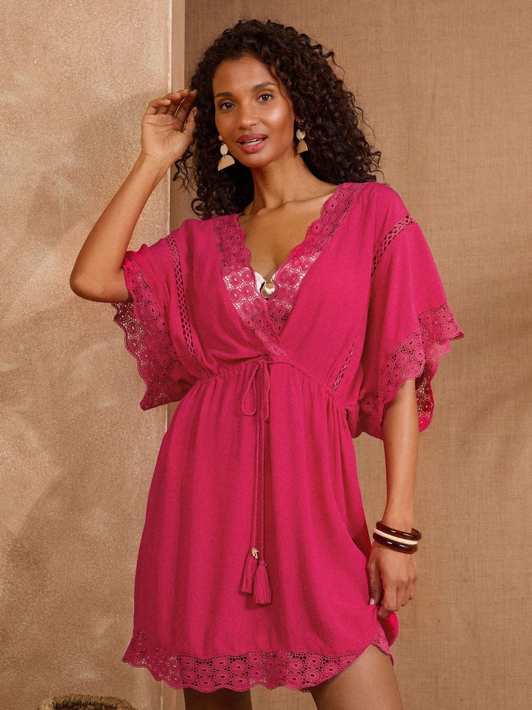 Love & Roses Pink Mini Lace Trim Tassel Tie Detail Kaftan - Image 3 of 6