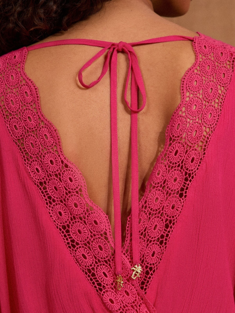 Love & Roses Pink Mini Lace Trim Tassel Tie Detail Kaftan - Image 4 of 6