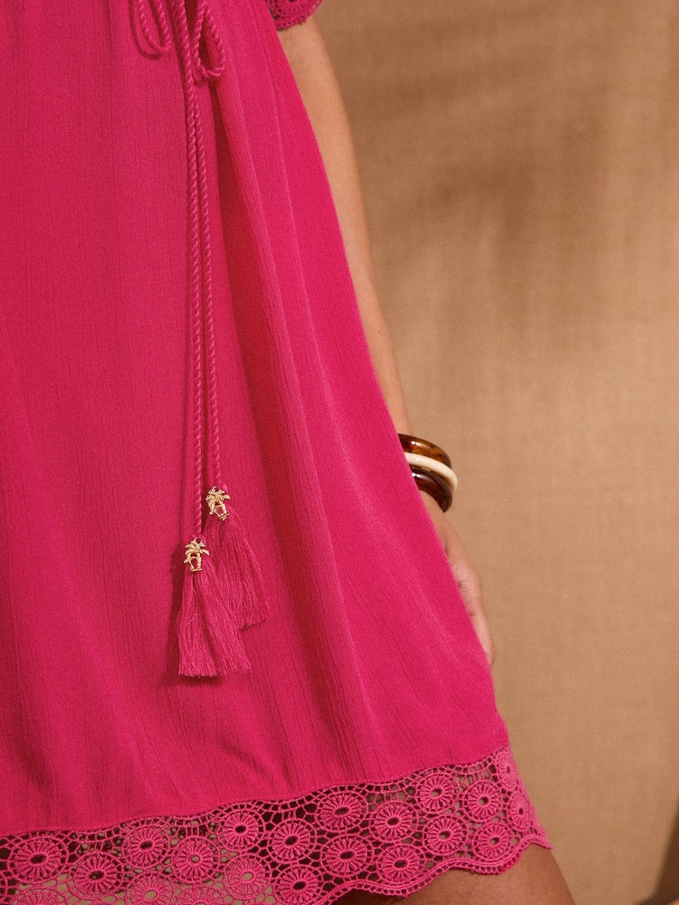 Love & Roses Pink Mini Lace Trim Tassel Tie Detail Kaftan - Image 5 of 6
