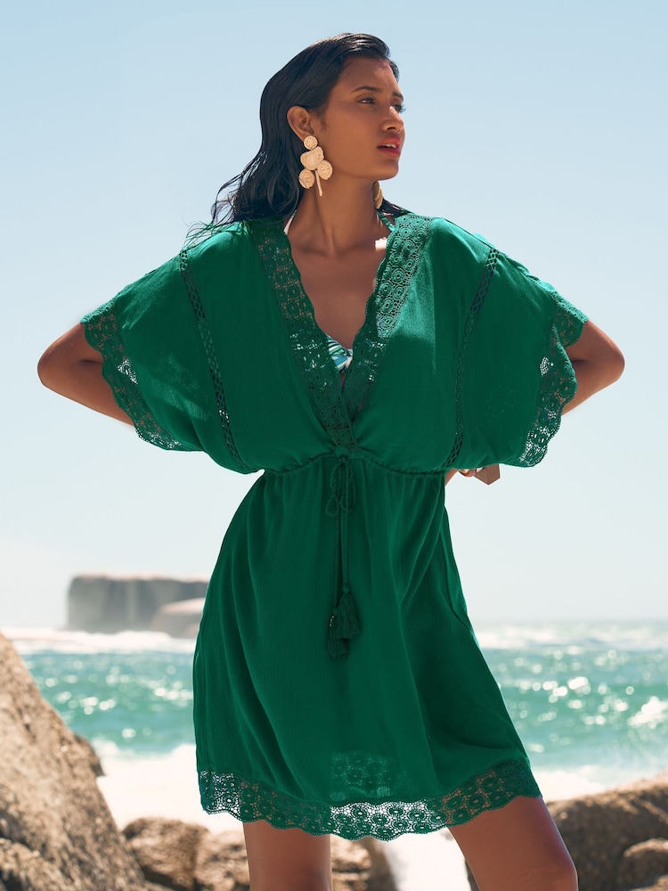 Love & Roses Green Mini Lace Trim Tassel Tie Detail Kaftan - Image 1 of 5