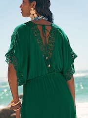 Love & Roses Green Mini Lace Trim Tassel Tie Detail Kaftan - Image 2 of 5