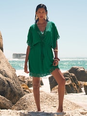 Love & Roses Green Mini Lace Trim Tassel Tie Detail Kaftan - Image 3 of 5
