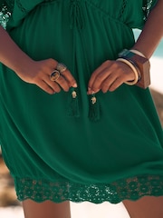 Love & Roses Green Mini Lace Trim Tassel Tie Detail Kaftan - Image 4 of 5