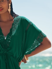 Love & Roses Green Mini Lace Trim Tassel Tie Detail Kaftan - Image 5 of 5