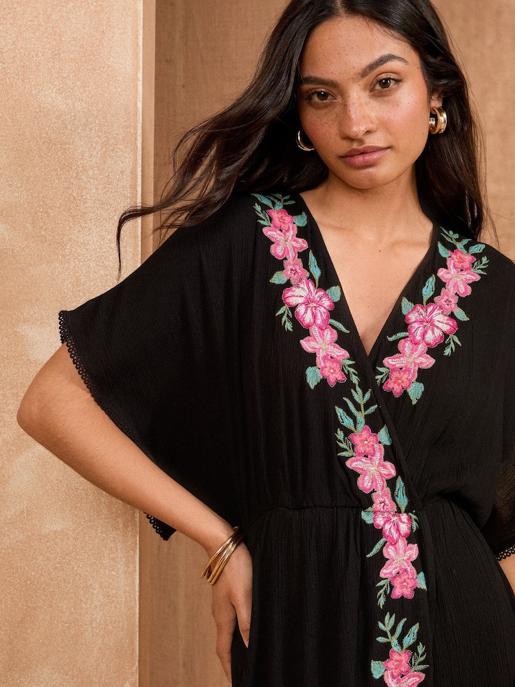 Love & Roses Black Petite Embroidered Kaftan - Image 4 of 4