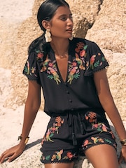 Love & Roses Black Parrot Embroidered Tropical Beach Top - Image 1 of 4