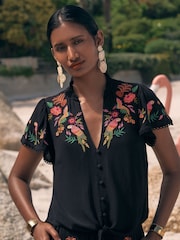 Love & Roses Black Parrot Embroidered Tropical Beach Top - Image 2 of 4