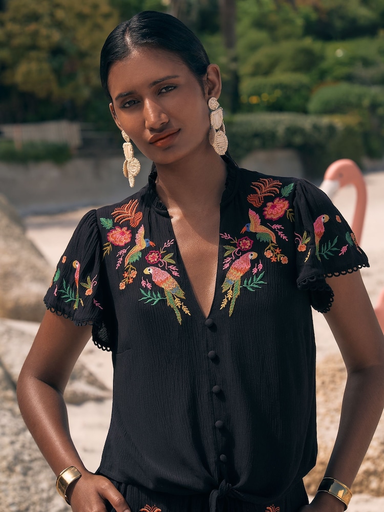Love & Roses Black Parrot Embroidered Tropical Beach Top - Image 2 of 4
