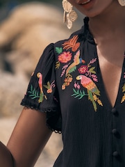 Love & Roses Black Parrot Embroidered Tropical Beach Top - Image 4 of 4
