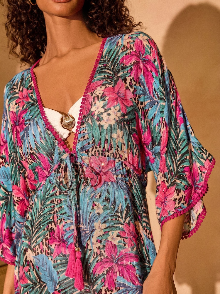 Love & Roses Palm Animal Petite Sequin Lurex Kaftan - Image 2 of 4