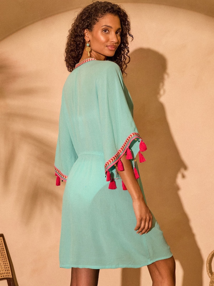 Love & Roses Aqua Blue Trim Tassel Kaftan - Image 5 of 5 Love & Roses Aqua Blue Trim Tassel Kaftan - Image 5 of 5