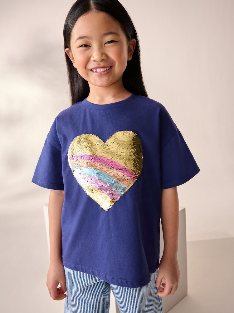 Navy Sequin Heart Print T-Shirt (3-16yrs) - Image 1 of 8