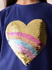 Navy Sequin Heart Print T-Shirt (3-16yrs) - Image 3 of 8