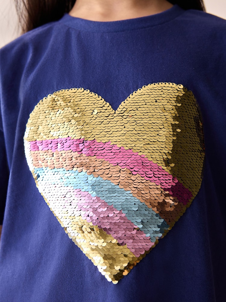 Navy Sequin Heart Print T-Shirt (3-16yrs) - Image 3 of 8