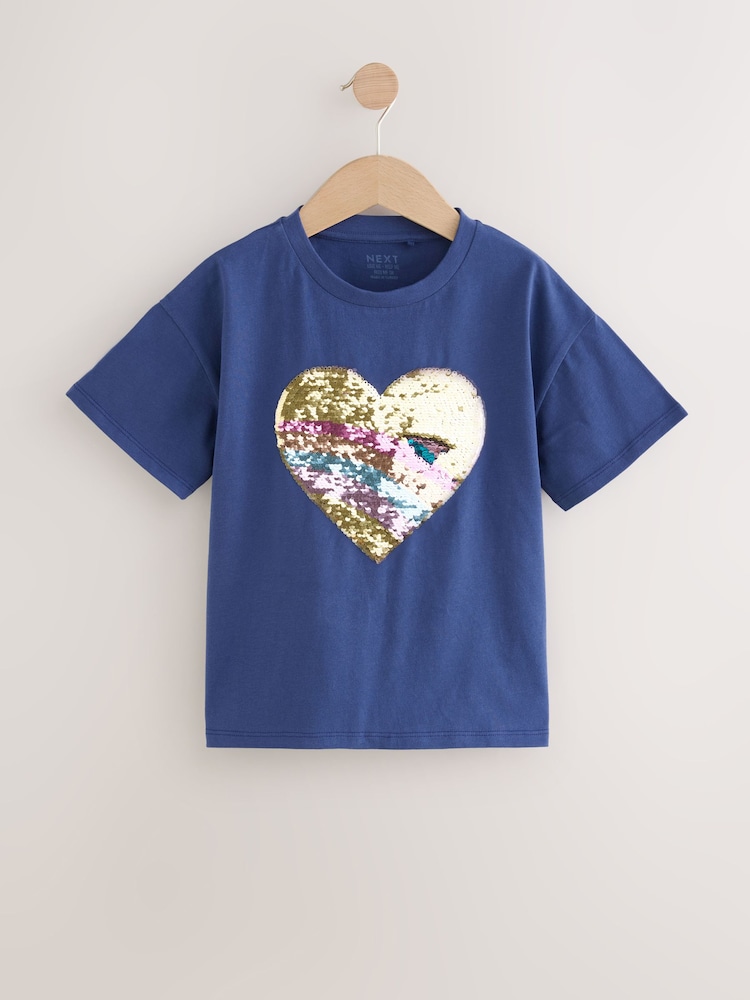 Navy Sequin Heart Print T-Shirt (3-16yrs) - Image 4 of 8