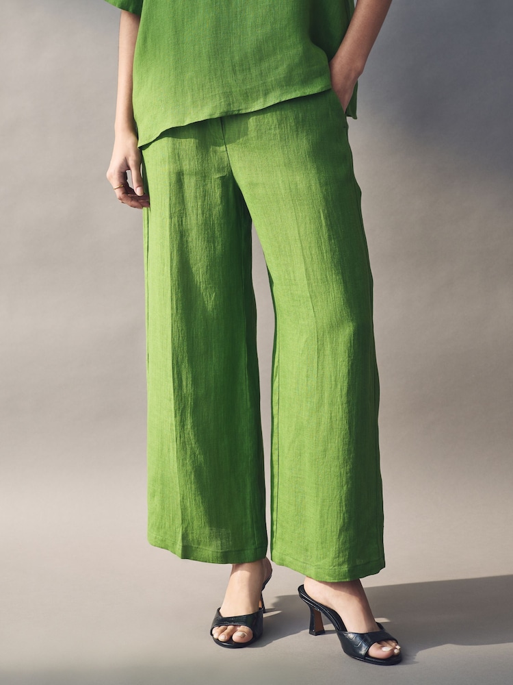 Emme Marella Green Silvana Long 100% Linen Trousers - Image 1 of 6