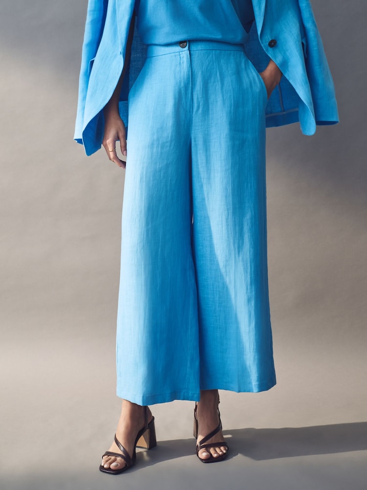 Emme Marella Blue Silvana Long 100% Linen Trousers - Image 1 of 5