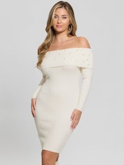 Guess Cream Amber Knitted Pearl Off Shoulder 100% Cotton Dress - Image 1 of 5