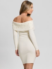 Guess Cream Amber Knitted Pearl Off Shoulder 100% Cotton Dress - Image 2 of 5