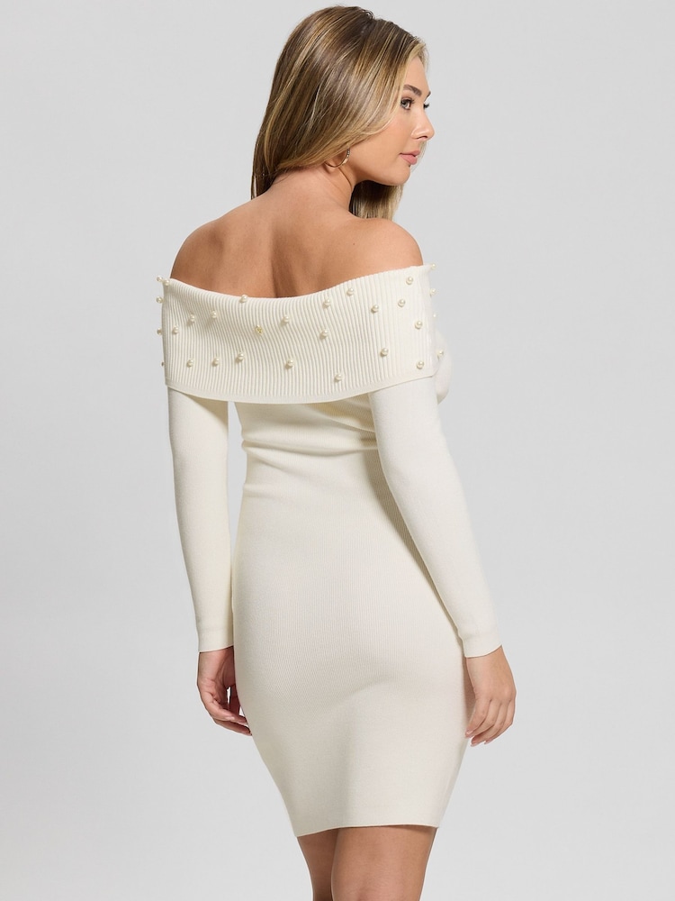 Guess Cream Amber Knitted Pearl Off Shoulder 100% Cotton Dress - Image 2 of 5