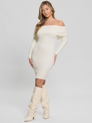 Guess Cream Amber Knitted Pearl Off Shoulder 100% Cotton Dress - Image 3 of 5