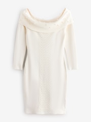 Guess Cream Amber Knitted Pearl Off Shoulder 100% Cotton Dress - Image 5 of 5