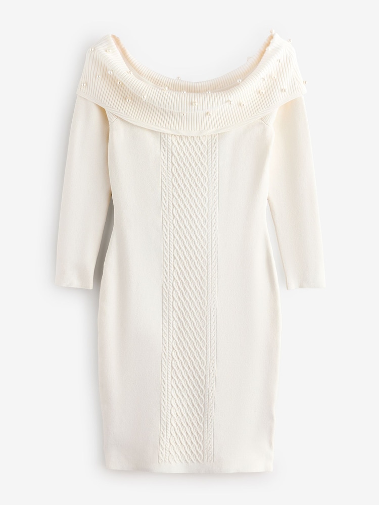 Guess Cream Amber Knitted Pearl Off Shoulder 100% Cotton Dress - Image 5 of 5