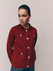Red Smart Button Up Collared Knit Jacket - Image 1 of 8