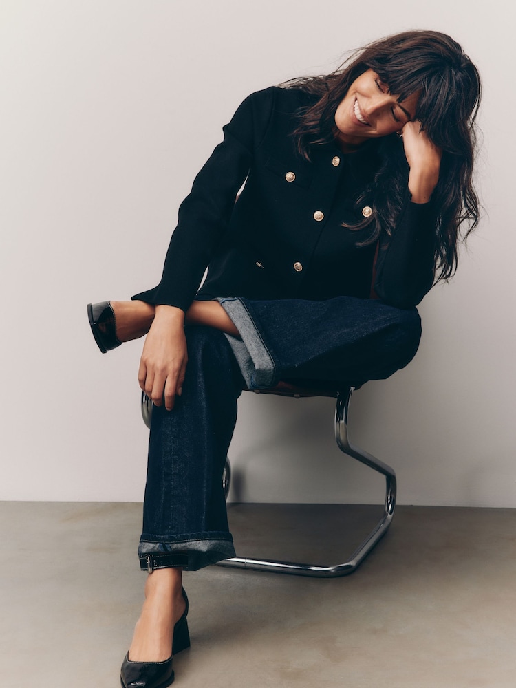 Black Smart Button Up Collared Knit Jacket - Image 1 of 8