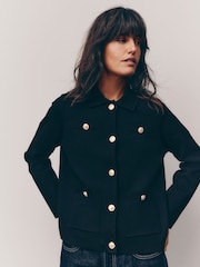 Black Smart Button Up Collared Knit Jacket - Image 2 of 8