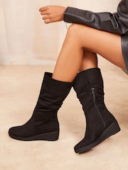 Friends Like These Black Wide Fit Wedge Heel Ruched Faux Suede Calf Boots - Image 1 of 4