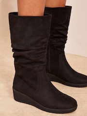Friends Like These Black Wide Fit Wedge Heel Ruched Faux Suede Calf Boots - Image 2 of 4