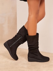 Friends Like These Black Standard fit Wedge Heel Ruched Faux Suede Calf Boots - Image 3 of 4