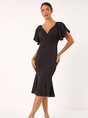Roman Black Flared Sleeve Front Wrap Midi Dress - Image 1 of 5
