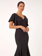 Roman Black Flared Sleeve Front Wrap Midi Dress - Image 2 of 5