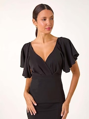 Roman Black Flared Sleeve Front Wrap Midi Dress - Image 4 of 5