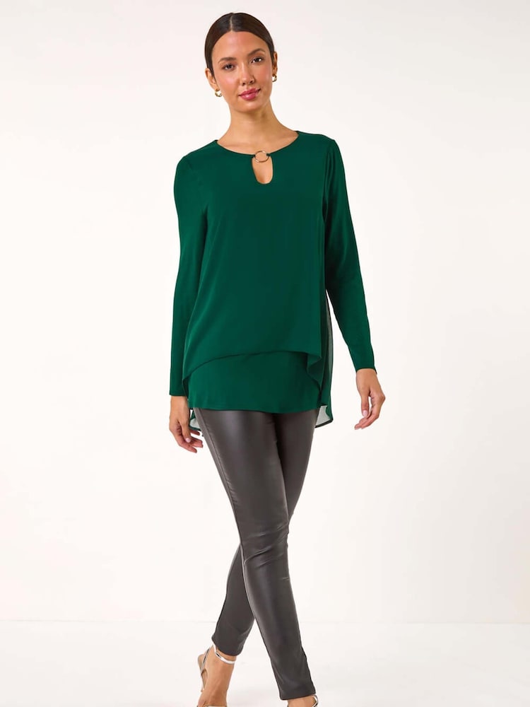 Roman Green Ring Front Chiffon Overlay Tunic Top - Image 2 of 5