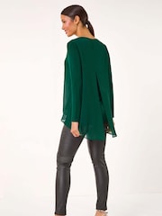 Roman Green Ring Front Chiffon Overlay Tunic Top - Image 3 of 5