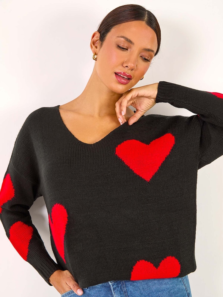 Roman Red V-Neck Heart Detail Knit Jumper - Image 1 of 6