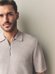 Neutral Regular Fit Signature 100% Merino Textured Short Sleeve Quarter Zip Knit Polo Shirt - Image 1 of 7