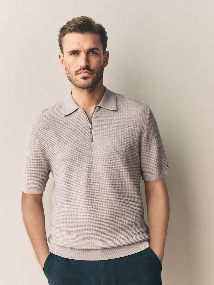 Neutral Regular Fit Signature 100% Merino Textured Short Sleeve Quarter Zip Knit Polo Shirt - Image 2 of 7