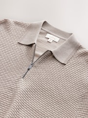 Neutral Regular Fit Signature 100% Merino Textured Short Sleeve Quarter Zip Knit Polo Shirt - Image 6 of 7