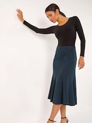 Roman Blue Flared Textured Midi Stretch Skirt - Image 1 of 5