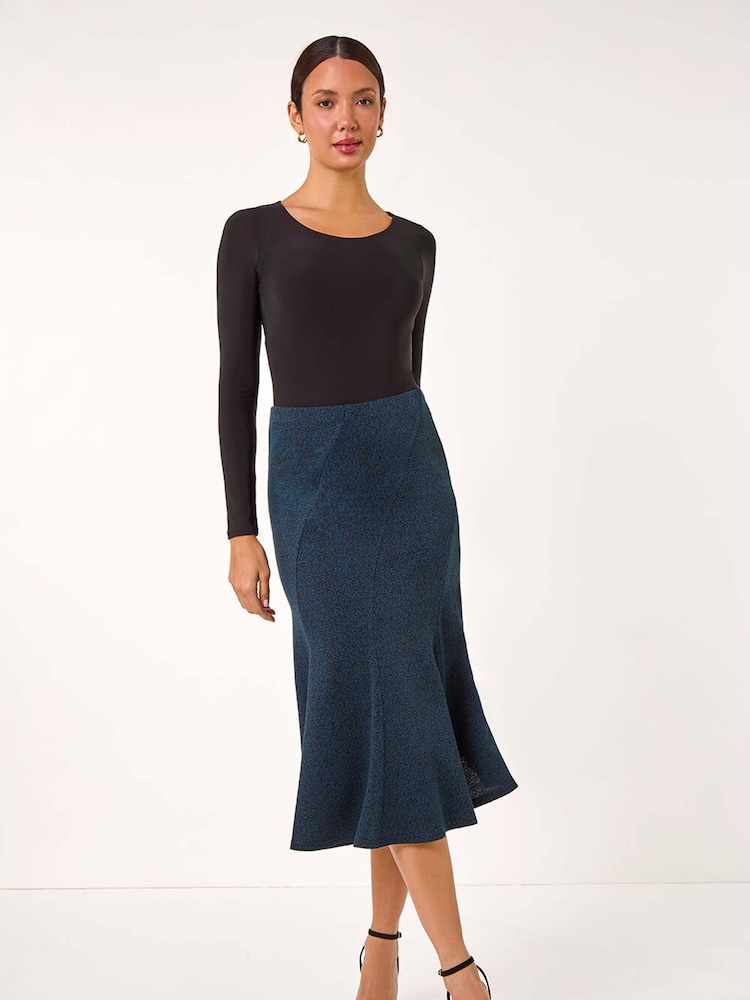 Roman Blue Flared Textured Midi Stretch Skirt - Image 2 of 5