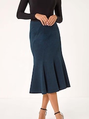 Roman Blue Flared Textured Midi Stretch Skirt - Image 4 of 5