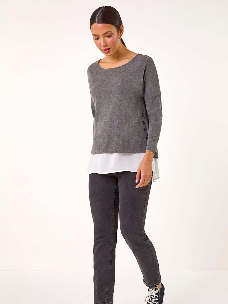 Roman Grey 2-in-1 Contrast Hem Detail Stretch Top - Image 2 of 5 Roman Grey 2-in-1 Contrast Hem Detail Stretch Top - Image 2 of 5