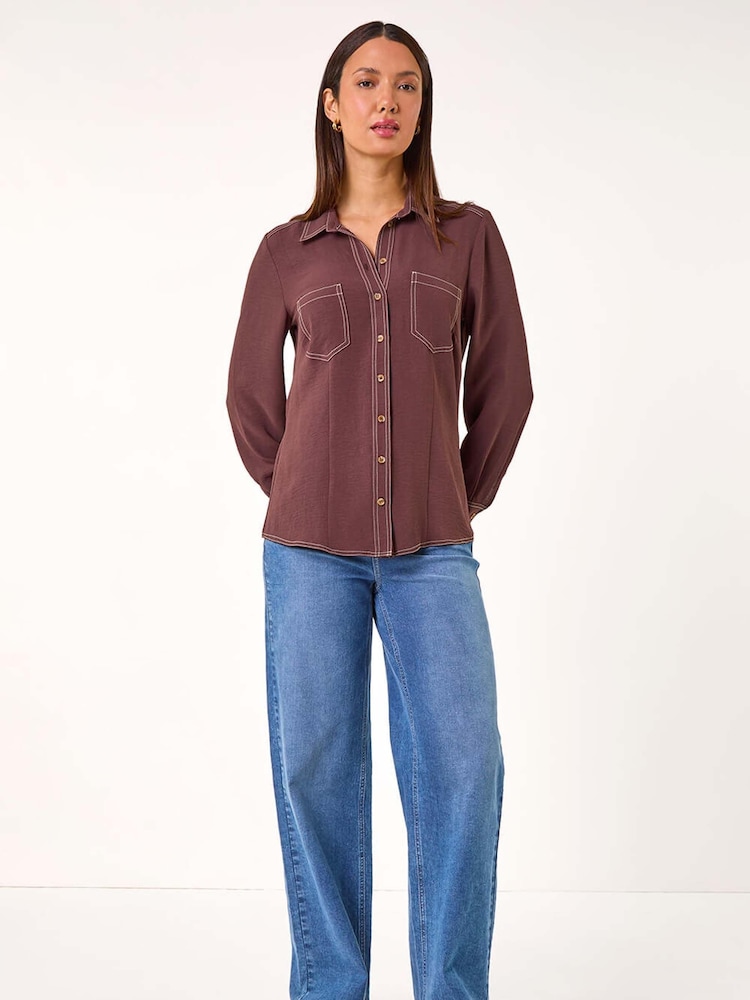 Roman Brown Button Up Pocket Detail Collar Shirt - Image 2 of 5