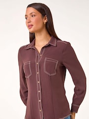 Roman Brown Button Up Pocket Detail Collar Shirt - Image 4 of 5