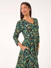 Roman Green Floral Print Button Detail V-Neck Dress - Image 1 of 5