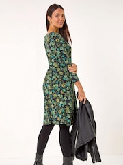 Roman Green Floral Print Button Detail V-Neck Dress - Image 2 of 5